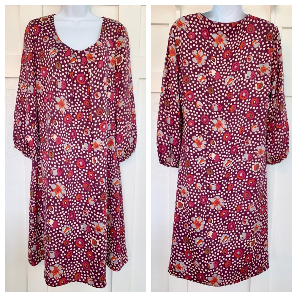 Boden Geometric Floral Purple Silk Midi Dress